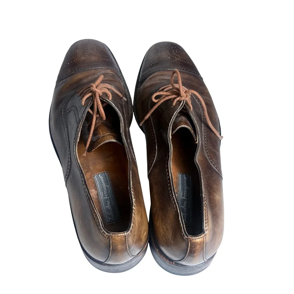 Salvatore Ferragamo Oxford Shoes Mens 11 2E Brown Leather Cap Toe Brogue Italy